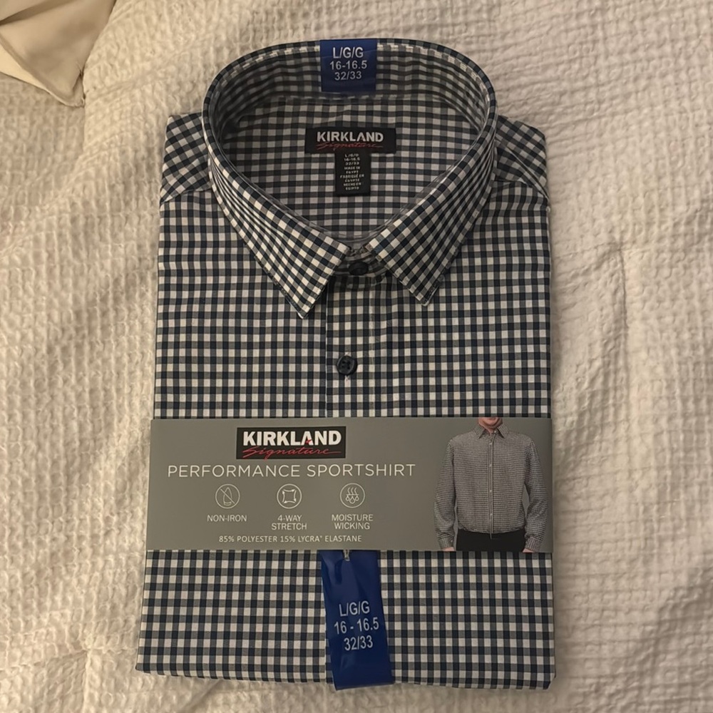 Kirkland Signature Men's Blue Checkered Performance Sportshirt
